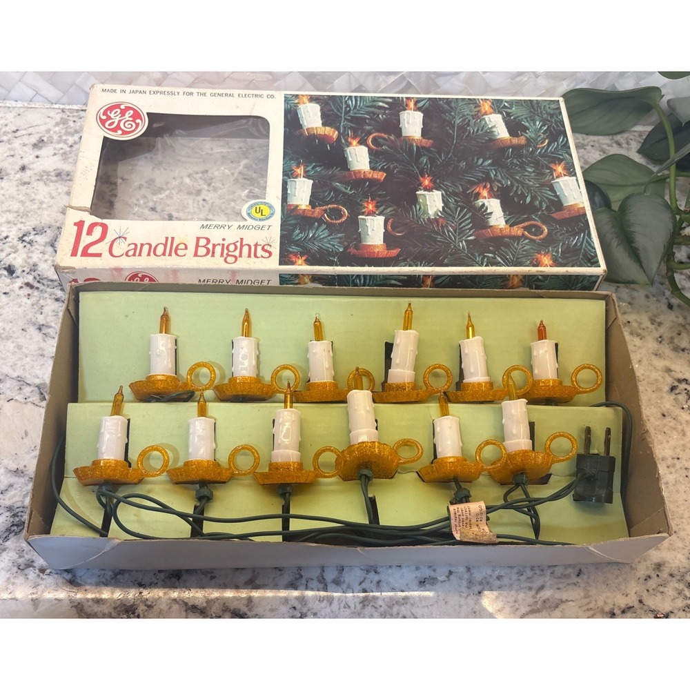 Vtg 12 Light In Box GE Merry Midget Candle Brights Lights WORKS